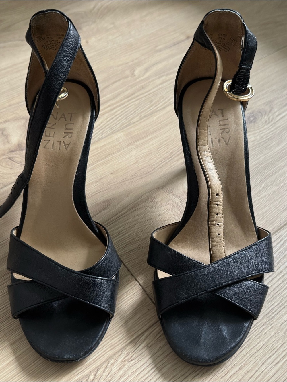 Naturalizer Black Leather Cross-Strap Ankle-Heel Sandals